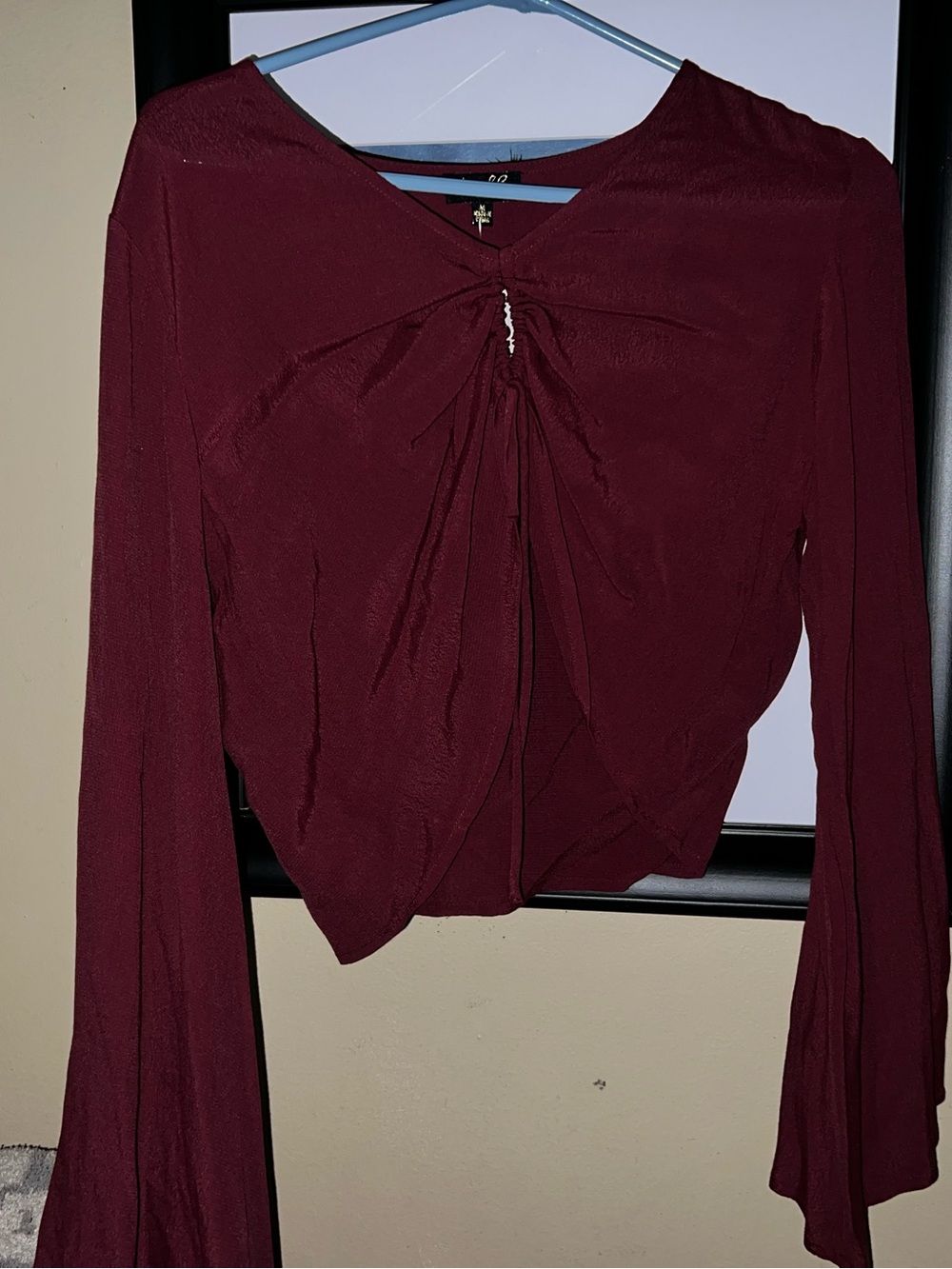 Twist-Front Long Sleeve Crop Top in Burgundy